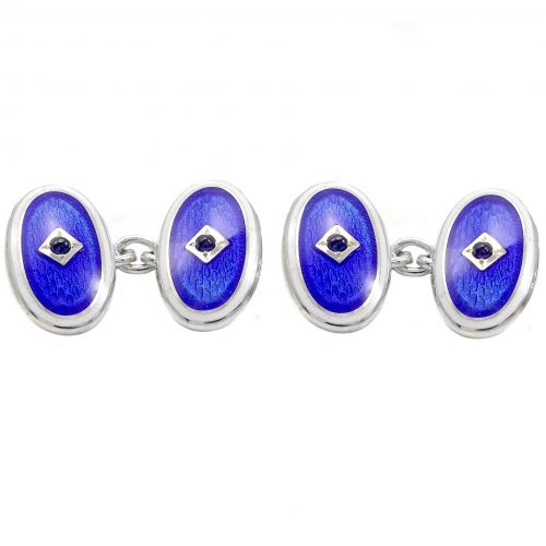 Deakin & Francis Sterling Silver & Blue White Enamel Cufflinks Sapphire Set