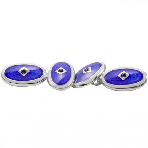 Deakin & Francis Sterling Silver & Blue White Enamel Cufflinks Sapphire Set - Image 3