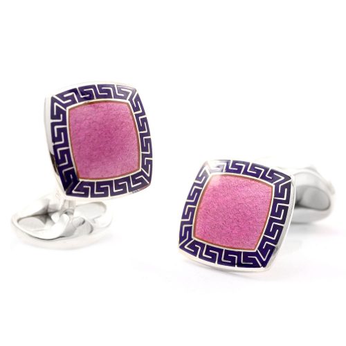 Deakin & Francis Sterling Silver Pink Enamel Cufflinks with Blue Patterned Border