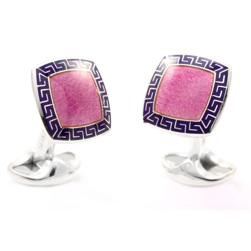 Deakin & Francis Sterling Silver Pink Enamel Cufflinks with Blue Patterned Border - Image 2