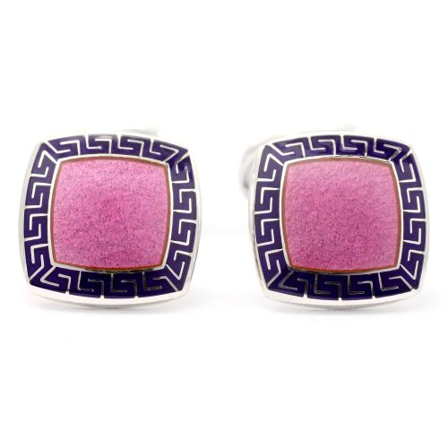 Deakin & Francis Sterling Silver Pink Enamel Cufflinks with Blue Patterned Border - Image 3