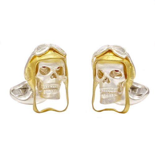 Deakin & Francis Sterling Silver Skull Cufflinks with Vintage Aviator Pilot Hat - Image 4