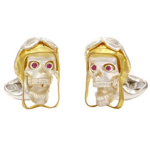 Deakin & Francis Sterling Silver Skull Cufflinks with Vintage Aviator Pilot Hat - Image 2
