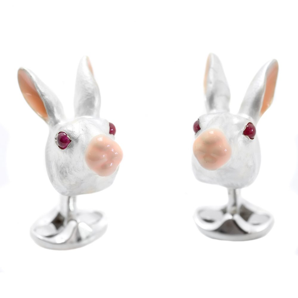 Deakin and Francis Sterling Silver White Rabbit Cufflinks With Ruby Eyes