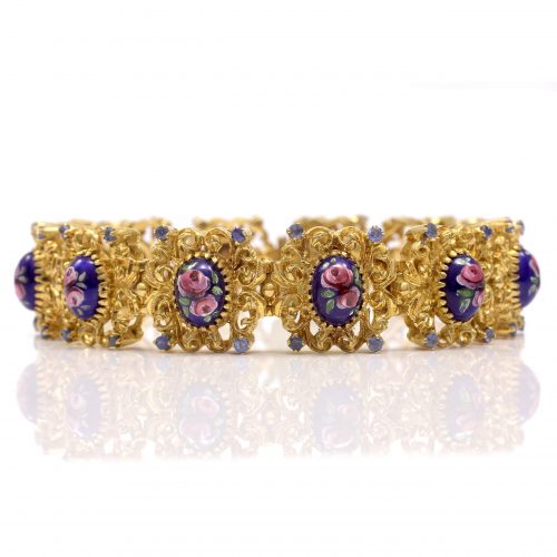 Italian gold bracelet set with sapphires and hand painted enamel panels