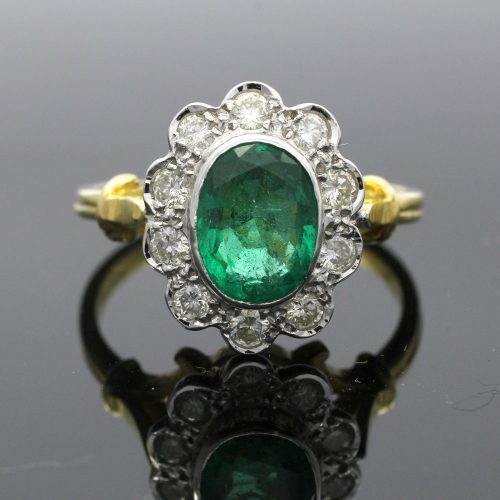 18ct Gold Emerald & Diamond oval cluster ring