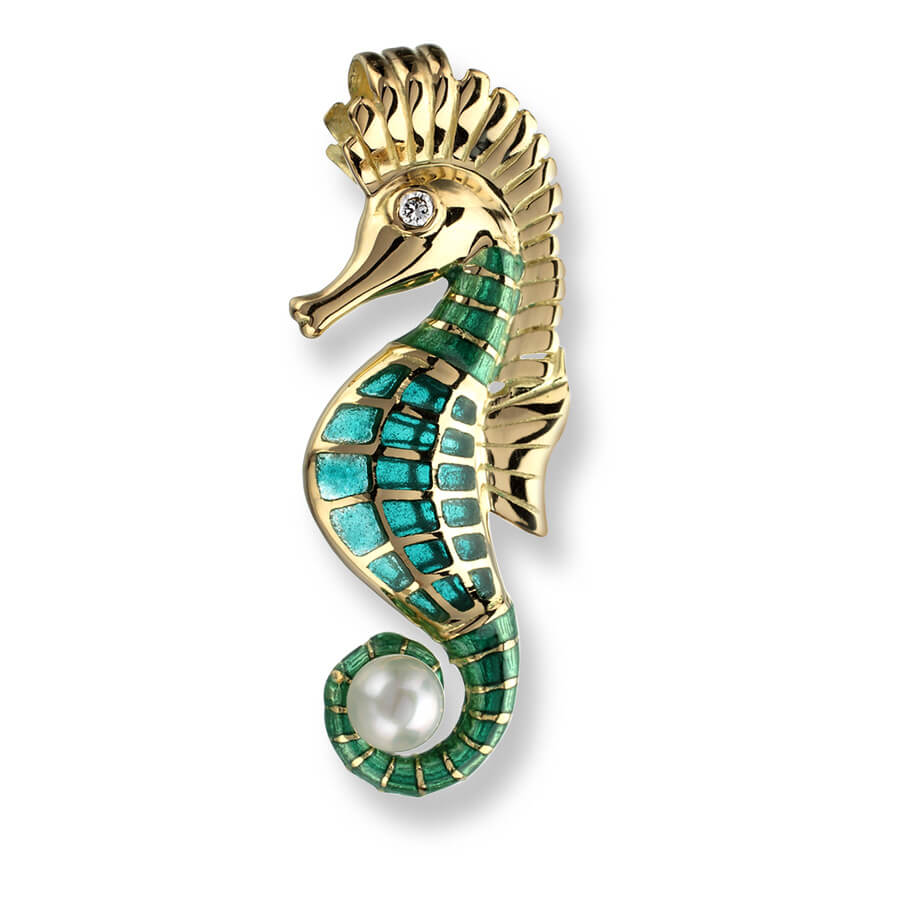 Plique-a-Jour Vitreous Green Enamel on 18ct Gold Diamond & Akoya Pearl Seahorse Pendant.