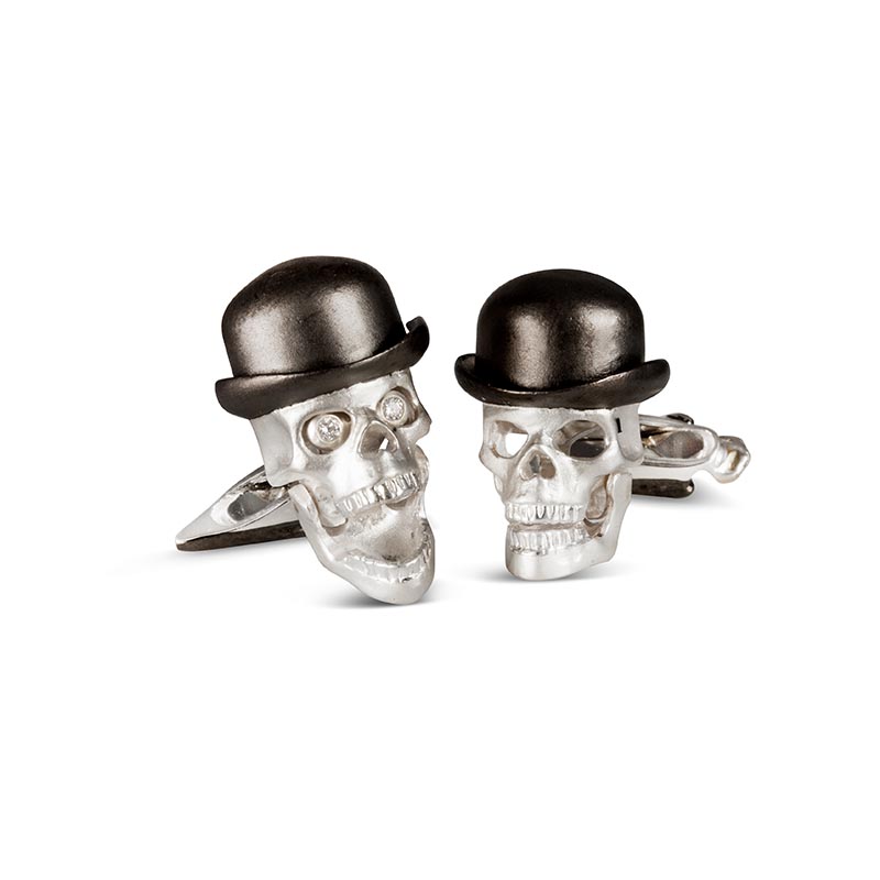 Deakin & Francis Sterling Silver Skull Cufflinks with Diamond Eyes, Bowler Hat & Umbrella