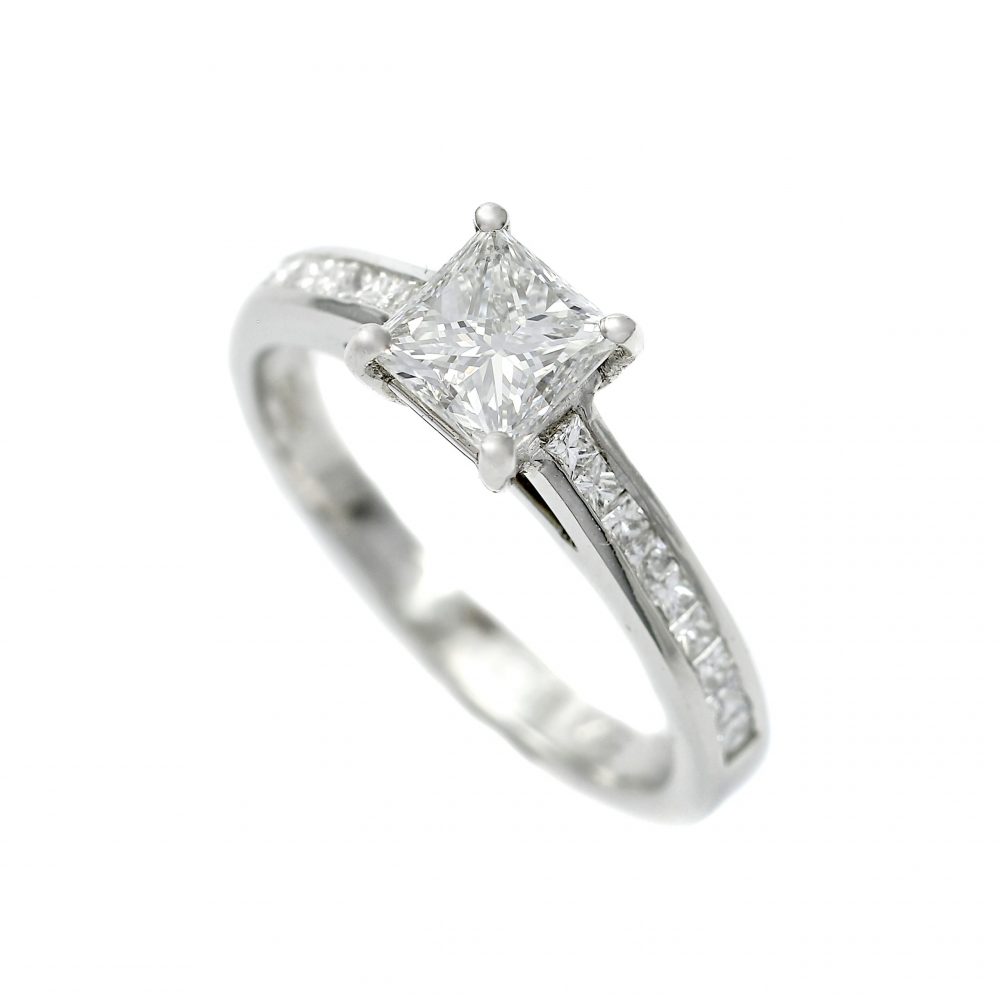 Platinum Diamond 0.80ct Solitaire Ring Princess Cut With Channel Set Diamond Shoulders